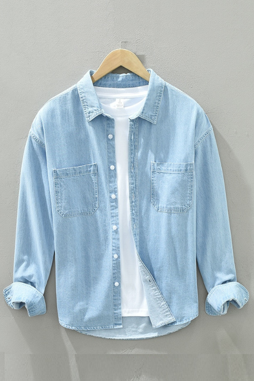 Spring Autumn Men Denim Shirt Long Sleeve Soft 100% Cotton Two Pockets Slim Slight Elastic Jean Tops Cowboy Button Shirt