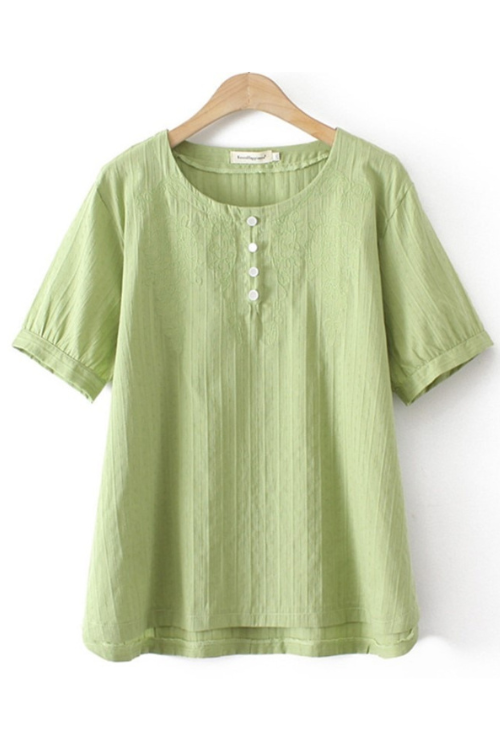 Women Clothing Cotton Jacquard Embroidery Button Tops Loose And Casual Curve Tee Summer