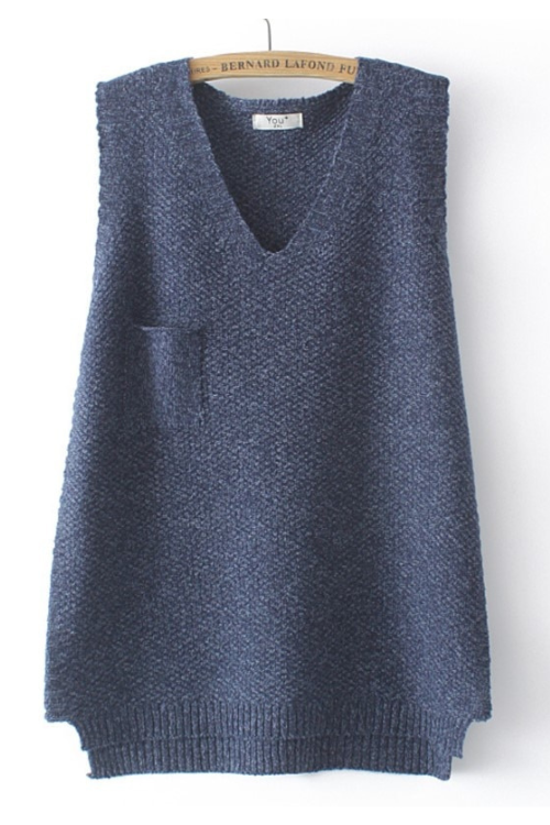 Women Navy Blue Sweater Vest LOOSE High Stretch Long Pullover Solid V-Neck Asymmetrical Length Pocket Curve Jumper