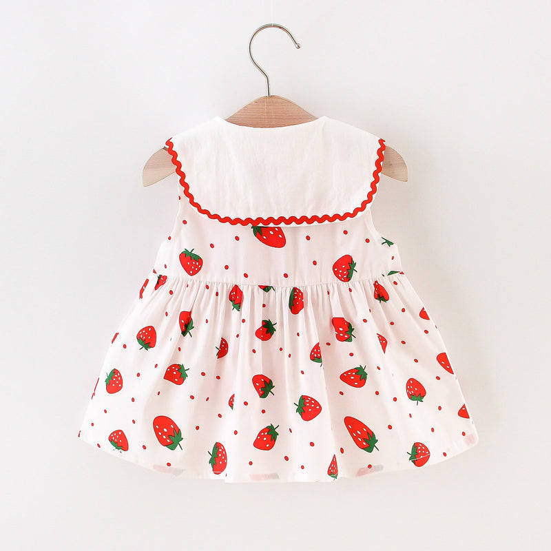 Kawaii – robe d'été à col bleu marine pour bébés filles, sans manches, à pois de fraises, tenue de princesse décontractée pour tous les jours