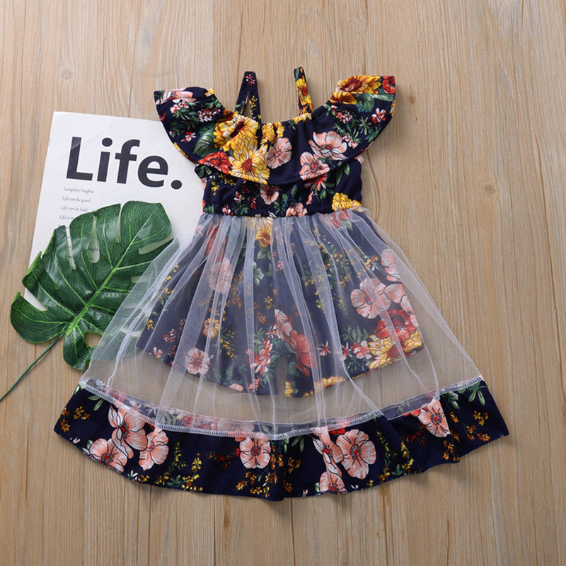 Summer Infant Baby Girls Flower Print Ruffle Dress Sleeveless Mesh Suspender Dresses Sundress Princess Dresses Baby Girl Clothes