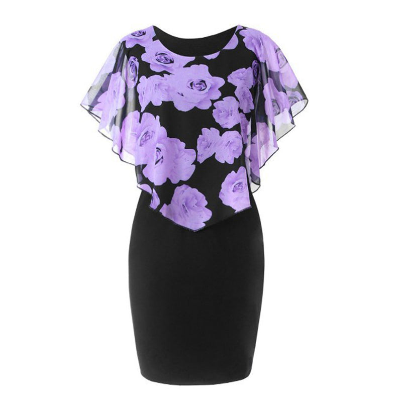 Womens Dress Elegant Office Rose Flower Cape Bodycon Knee Length Dress Party Midi Pencil Dresses