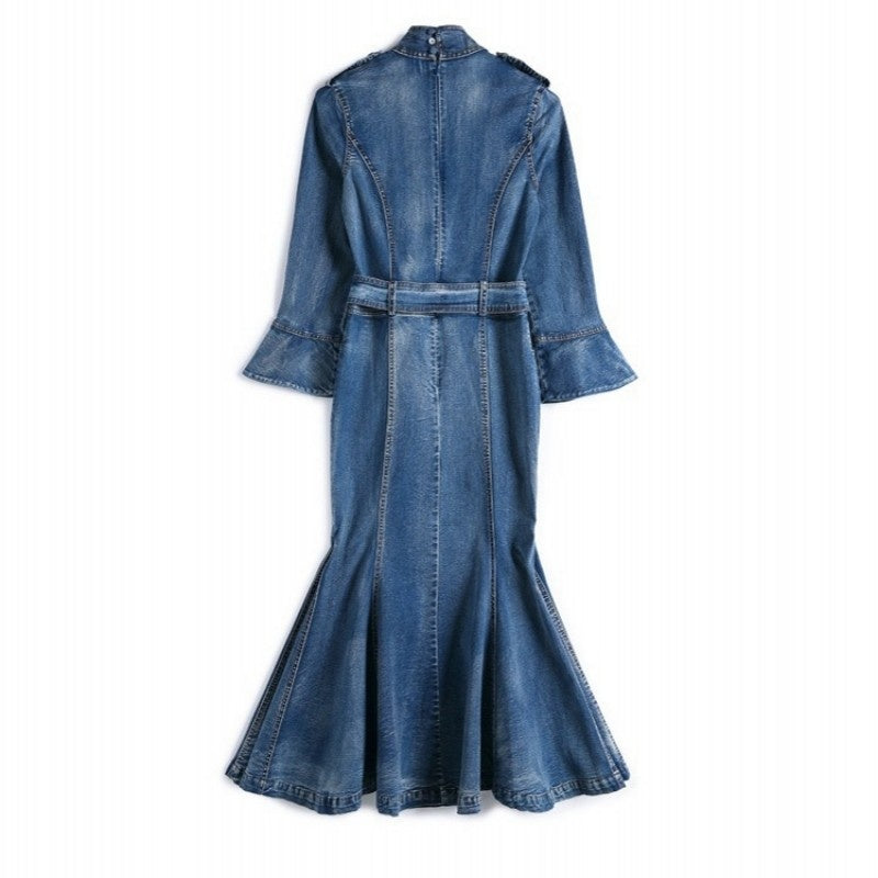 Elegant Denim Dress Women Flare Sleeve Mermaid Dresses Autumn Blue Slim Party Bodycon Dress Female Mid-calf Clothes