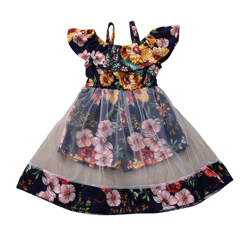 Summer Infant Baby Girls Flower Print Ruffle Dress Sleeveless Mesh Suspender Dresses Sundress Princess Dresses Baby Girl Clothes