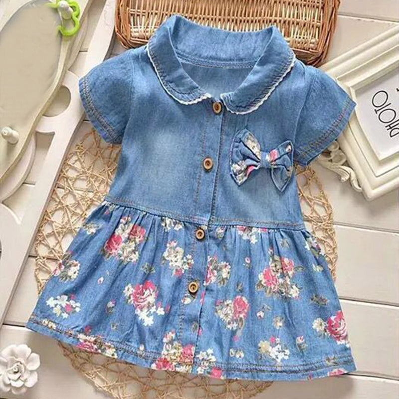 Robe de princesse en Denim pour petites filles, tenue d'été, motif Floral, avec nœud papillon, manches courtes, tenue d'été