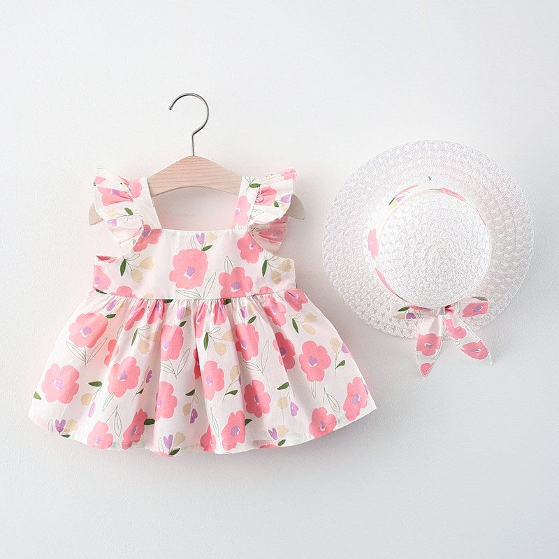 Children's Floral Dress Girl Summer Style Flying Sleeve Frill Dress Princess Dress Hat