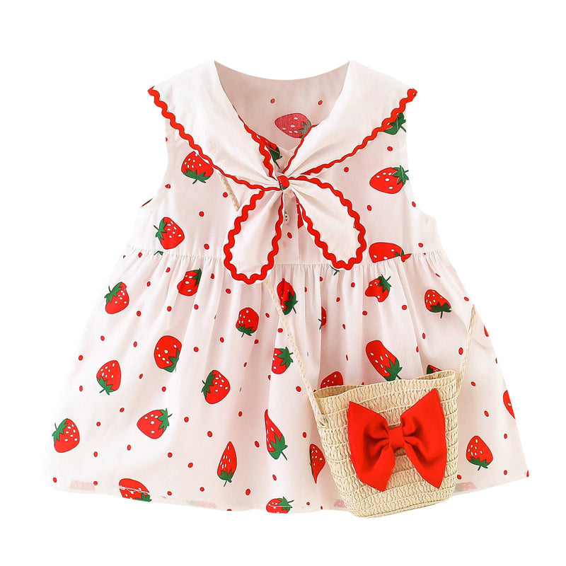 Kawaii – robe d'été à col bleu marine pour bébés filles, sans manches, à pois de fraises, tenue de princesse décontractée pour tous les jours