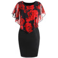 Womens Dress Elegant Office Rose Flower Cape Bodycon Knee Length Dress Party Midi Pencil Dresses