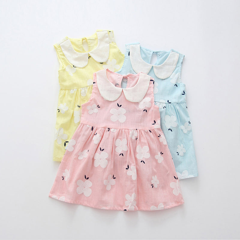 Baby Girl Sleeveless Flower Print Cotton and Linen floral Dress Baby Girl Spring Summer Party and Usual dresses