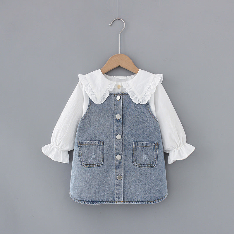 Baby Girls Peter Pan Collar Long Sleeve Shirt+Denim Dress Suspender Strap Suit Spring Children Two-Piece Set