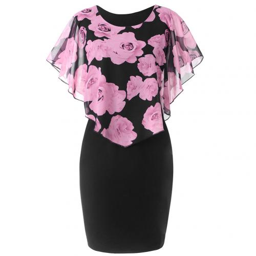 Womens Dress Elegant Office Rose Flower Cape Bodycon Knee Length Dress Party Midi Pencil Dresses