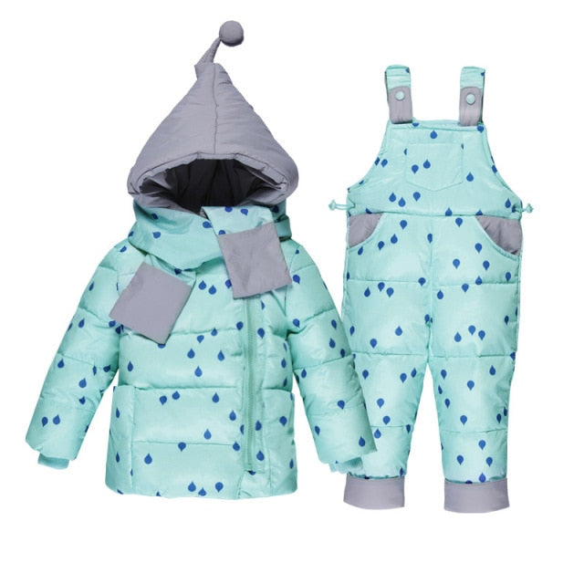 Winter Clothing Set For Boys Girls Dots Dark Down Coat +Overalls Suits Warm Windproof Snowsuit Toddler Children Suit