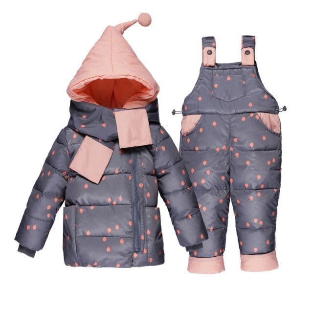 Winter Clothing Set For Boys Girls Dots Dark Down Coat +Overalls Suits Warm Windproof Snowsuit Toddler Children Suit