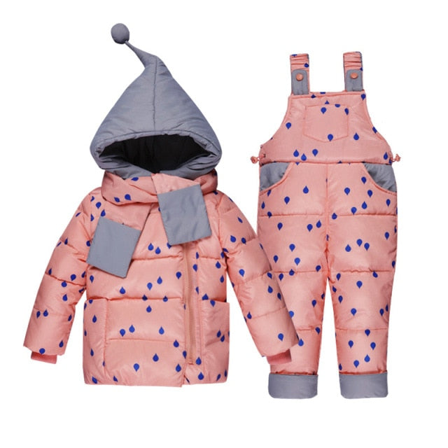 Winter Clothing Set For Boys Girls Dots Dark Down Coat +Overalls Suits Warm Windproof Snowsuit Toddler Children Suit