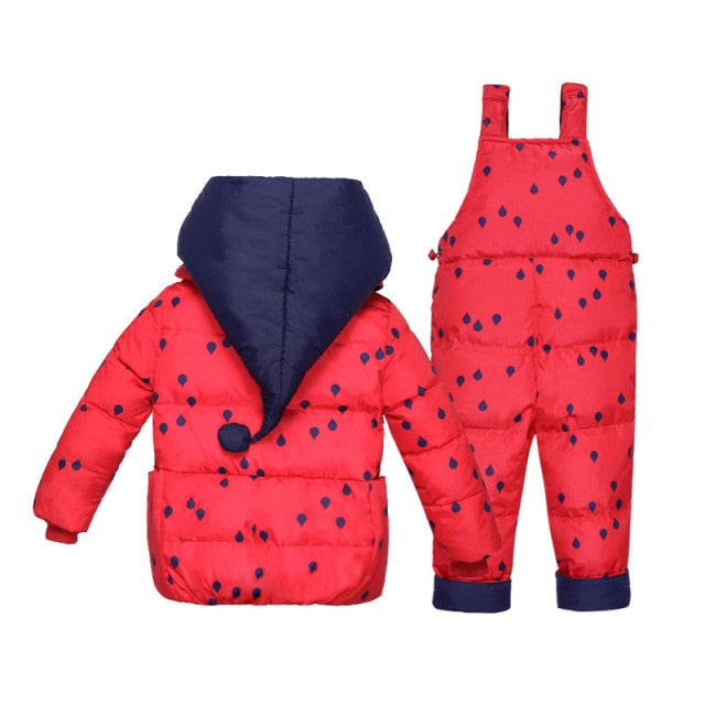 Winter Clothing Set For Boys Girls Dots Dark Down Coat +Overalls Suits Warm Windproof Snowsuit Toddler Children Suit