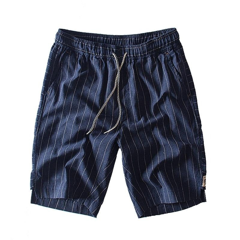 Nouvelle arrivée rayé shorts hommes été tendance 100% coton lin shorts longueur genou droite élastique mâle shorts