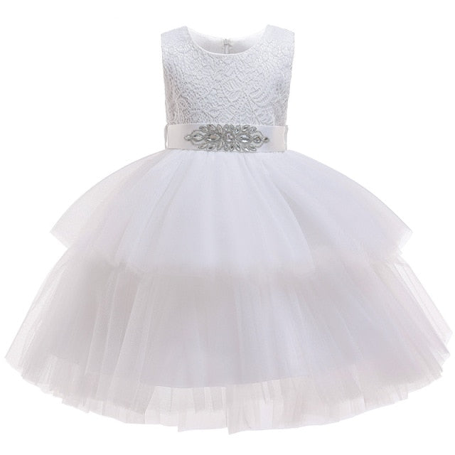 Robe de soirée en tulle pour filles, tenue de soirée élégante, sans manches, en dentelle, avec ceinture, robes de princesse de noël à plusieurs niveaux