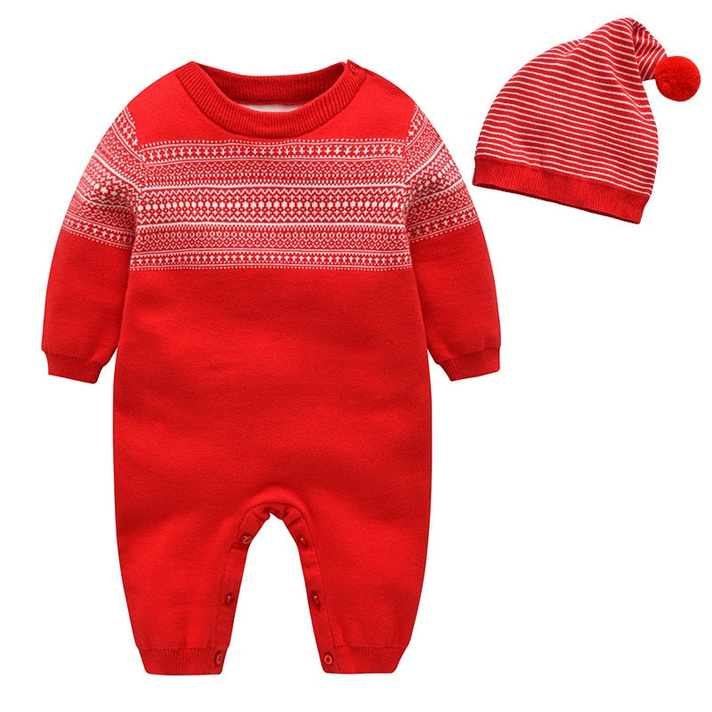 Autumn Winter Clothes Christmas Baby Infant Toddler Geometric Knitted Clothing Ses Jumpsuit+hat Newborn Outfit