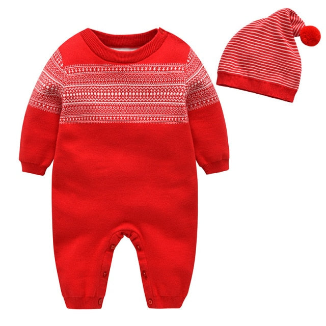 Autumn Winter Clothes Christmas Baby Infant Toddler Geometric Knitted Clothing Ses Jumpsuit+hat Newborn Outfit