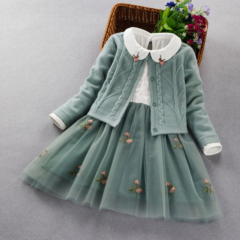 Elegant Girls clothing set new spring autumn Kids princess coat+dress 2Pcs suit for girl party children clothes