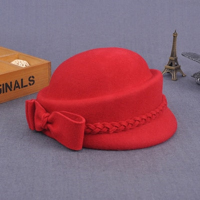 Elegant Winter Australian Wool Felt Fedora Red Black Wedding Hats Women Female Bow Berets Caps Pillbox Hat