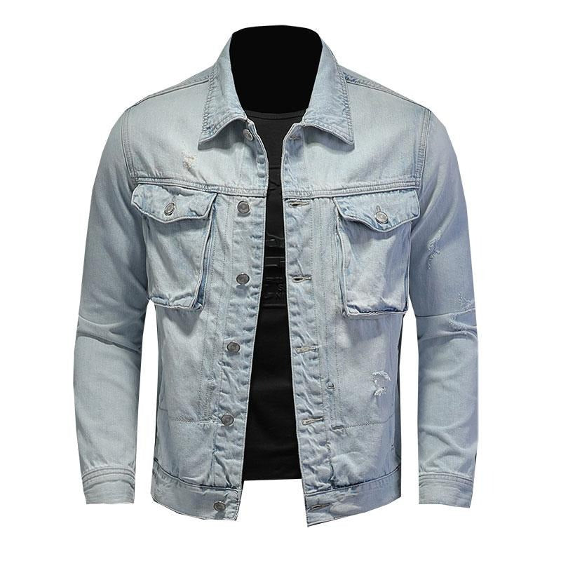 New Spring Bomber Light Blue Ripped Denim Jacket For Men Tattered Jean Coats Motorcycle Casual Outwear Clothing Overcoat Outwear