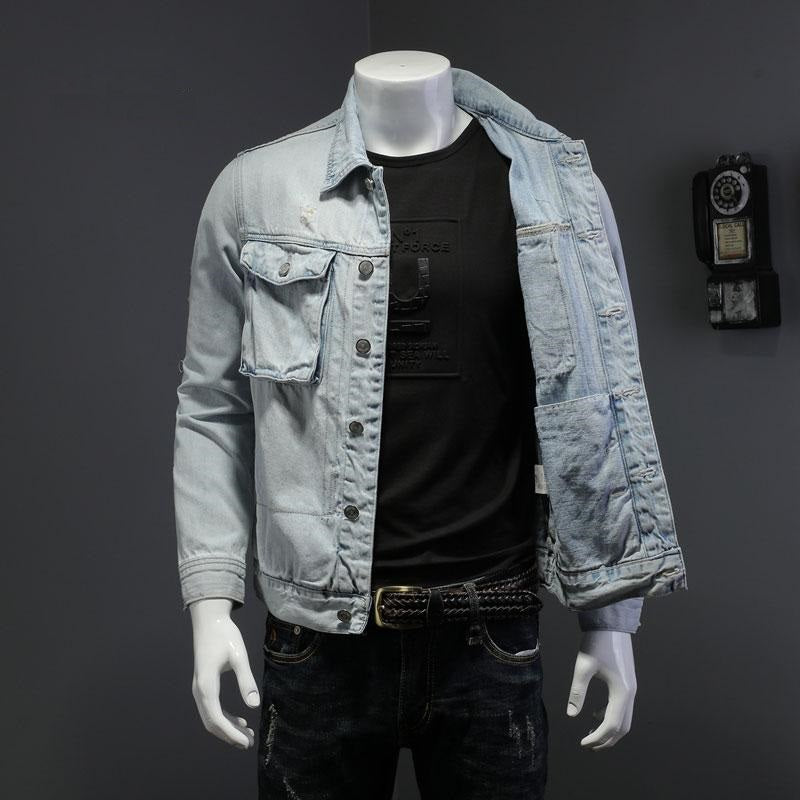 New Spring Bomber Light Blue Ripped Denim Jacket For Men Tattered Jean Coats Motorcycle Casual Outwear Clothing Overcoat Outwear