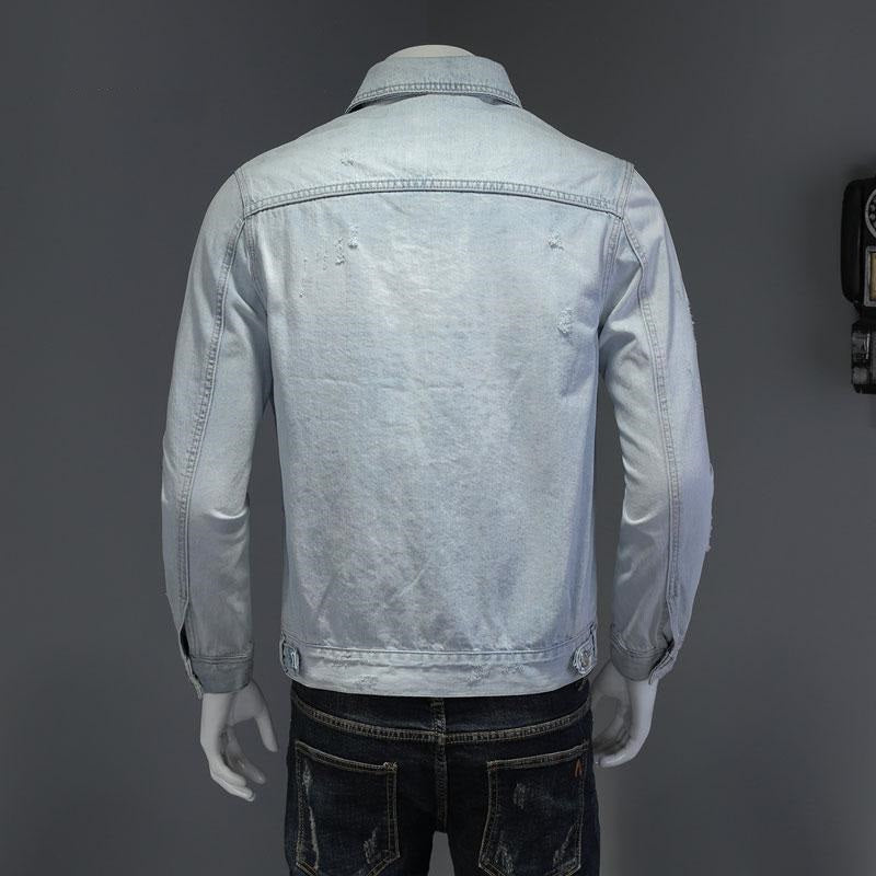 New Spring Bomber Light Blue Ripped Denim Jacket For Men Tattered Jean Coats Motorcycle Casual Outwear Clothing Overcoat Outwear