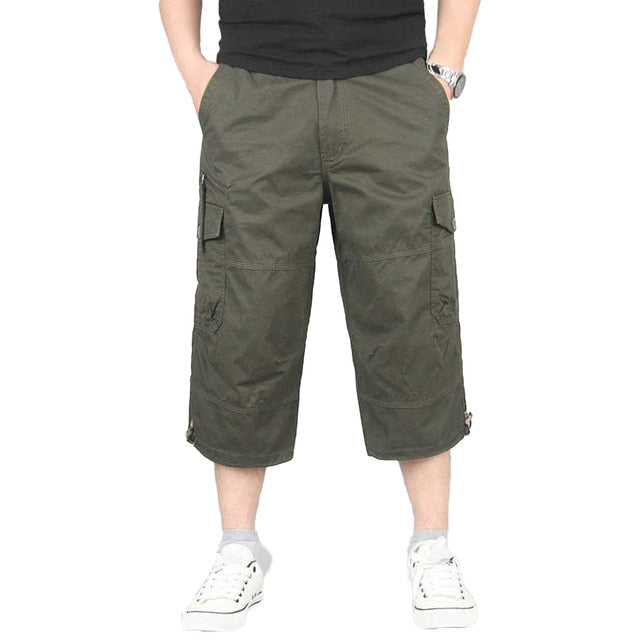 Summer Men's Casual Cotton Cargo Shorts Overalls Long Length Multi Pocket Hot breeches Military Capri Pants Male Cropped Pants