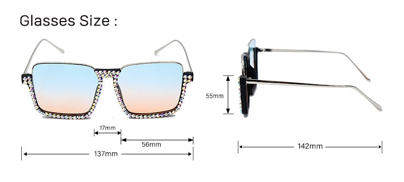 Diamond Square Sunglasses Women Clear Lens Crystal Frame Gradient Blue Tea Elegant Female Eyewear UV400