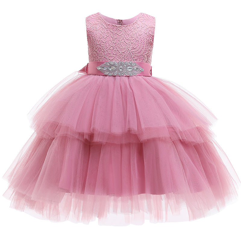 Robe de soirée en tulle pour filles, tenue de soirée élégante, sans manches, en dentelle, avec ceinture, robes de princesse de noël à plusieurs niveaux