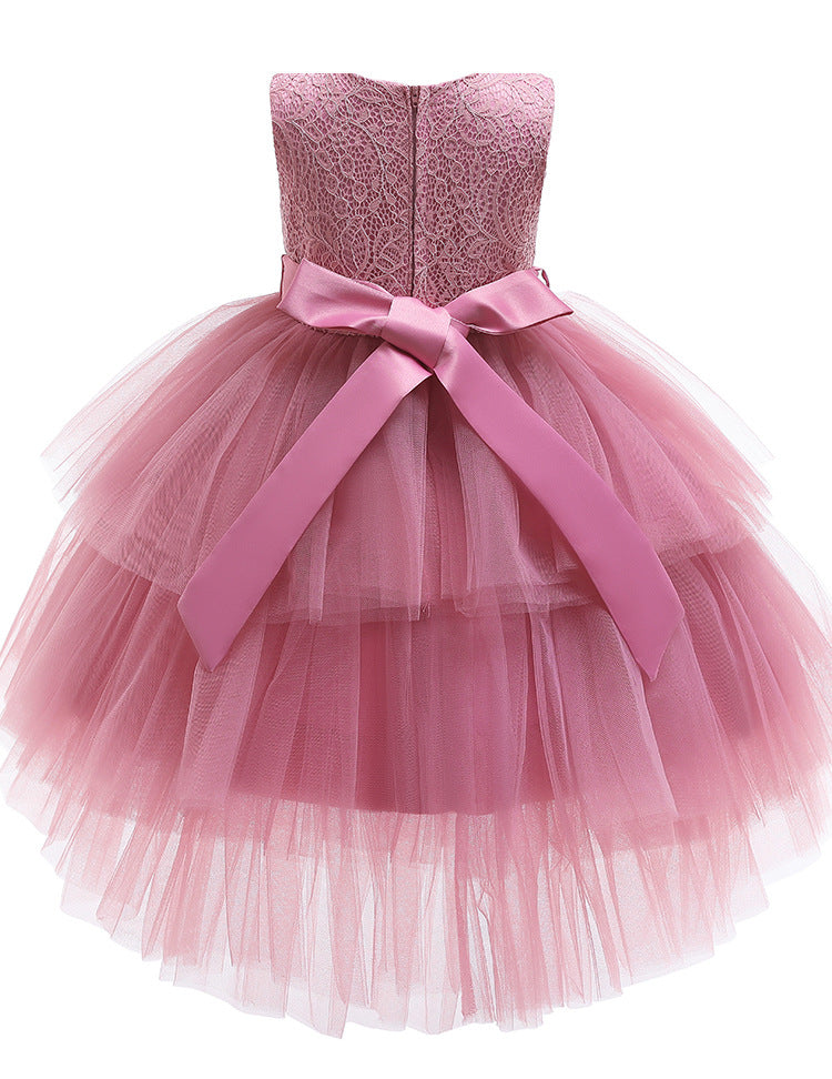 Robe de soirée en tulle pour filles, tenue de soirée élégante, sans manches, en dentelle, avec ceinture, robes de princesse de noël à plusieurs niveaux