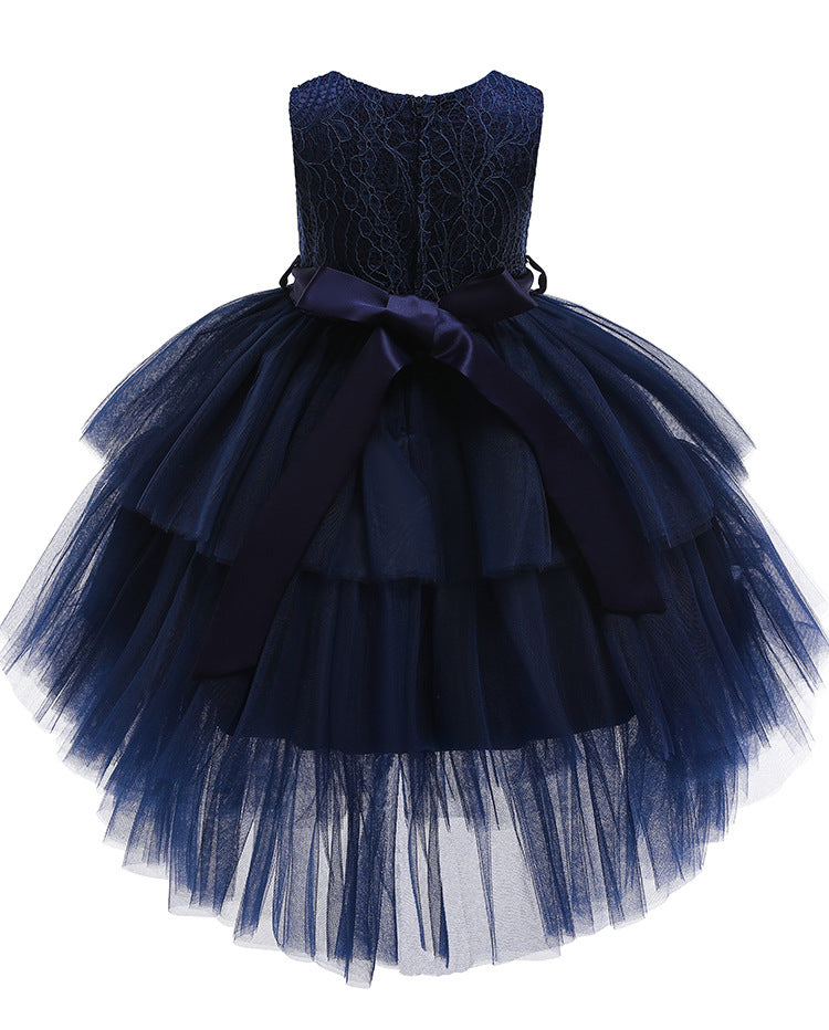 Robe de soirée en tulle pour filles, tenue de soirée élégante, sans manches, en dentelle, avec ceinture, robes de princesse de noël à plusieurs niveaux