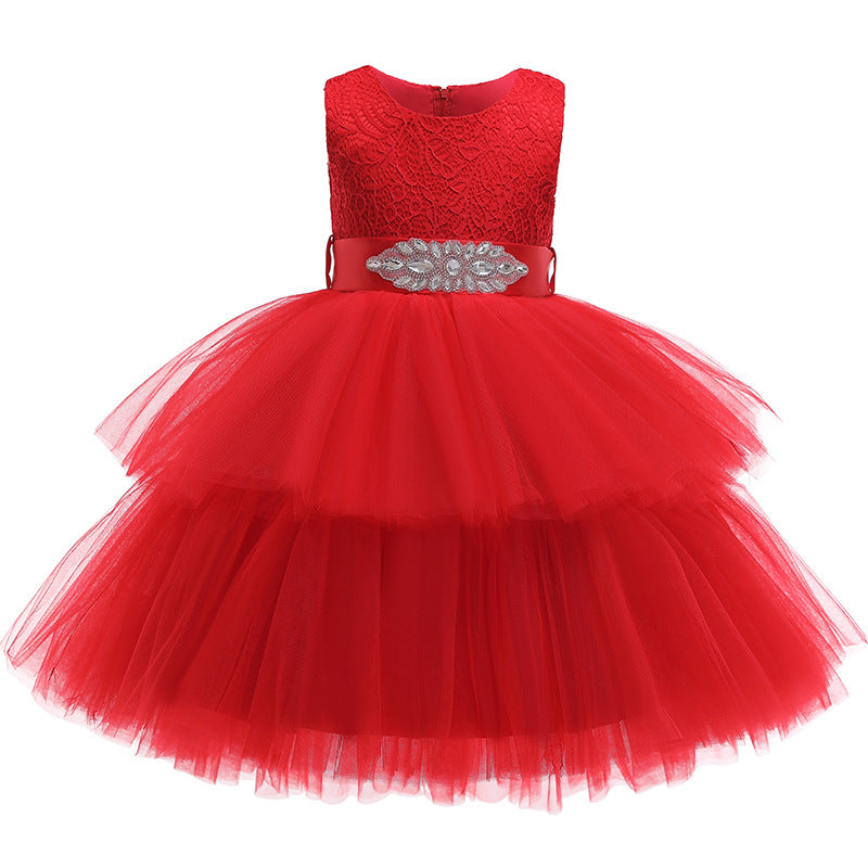 Robe de soirée en tulle pour filles, tenue de soirée élégante, sans manches, en dentelle, avec ceinture, robes de princesse de noël à plusieurs niveaux