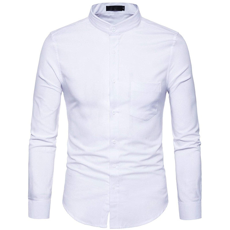 Men's Mandarin Collar Oxford Dress Shirt Autumn New Slim Fit Long Sleeve Shirt Men Business Casual Shirt with Pockets