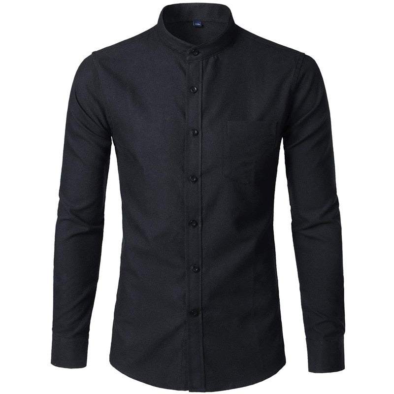 Men's Mandarin Collar Oxford Dress Shirt Autumn New Slim Fit Long Sleeve Shirt Men Business Casual Shirt with Pockets