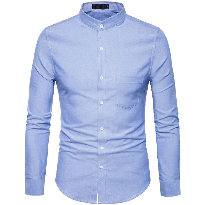 Men's Mandarin Collar Oxford Dress Shirt Autumn New Slim Fit Long Sleeve Shirt Men Business Casual Shirt with Pockets