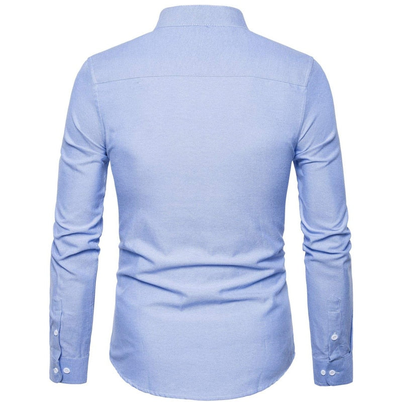 Men's Mandarin Collar Oxford Dress Shirt Autumn New Slim Fit Long Sleeve Shirt Men Business Casual Shirt with Pockets