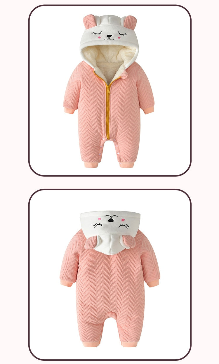 Newborn Clothing Autumn/Winter Solid Cute Cat Hooded Thick Infant Romper Jumpsuit Baby Snowsuit Baby For 0-24M