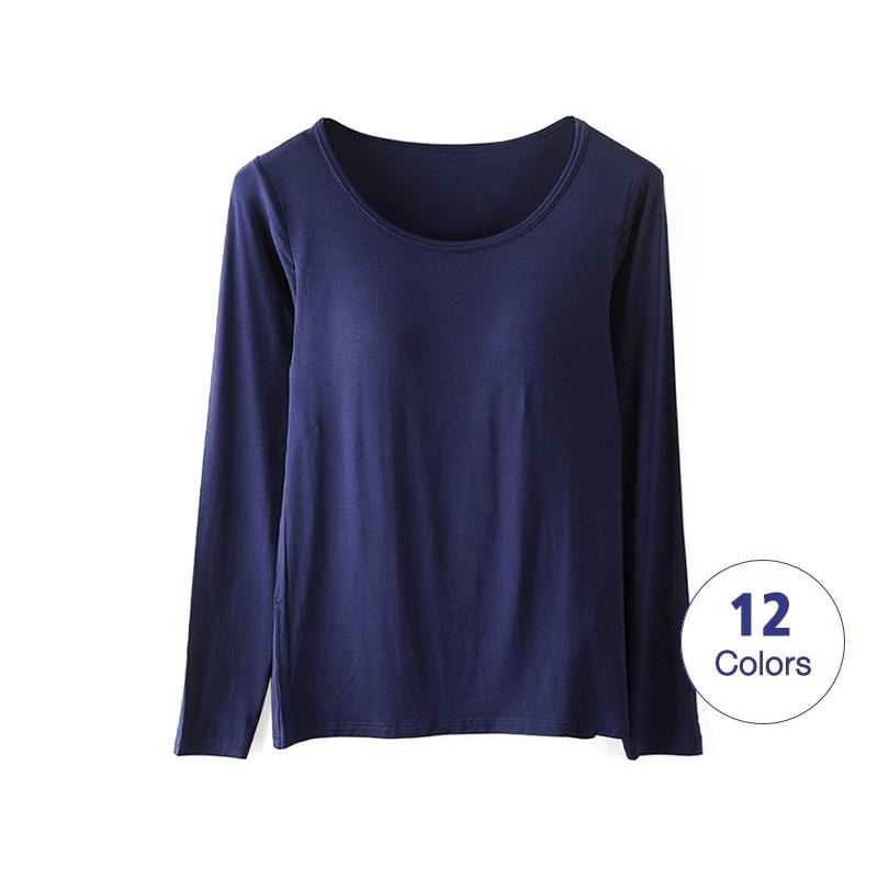 Women T-Shirts Buili-in Bra Padded Stretchable Modal Tops Tshirts Long Sleeve Plain Sexy Casual Spring Autumn