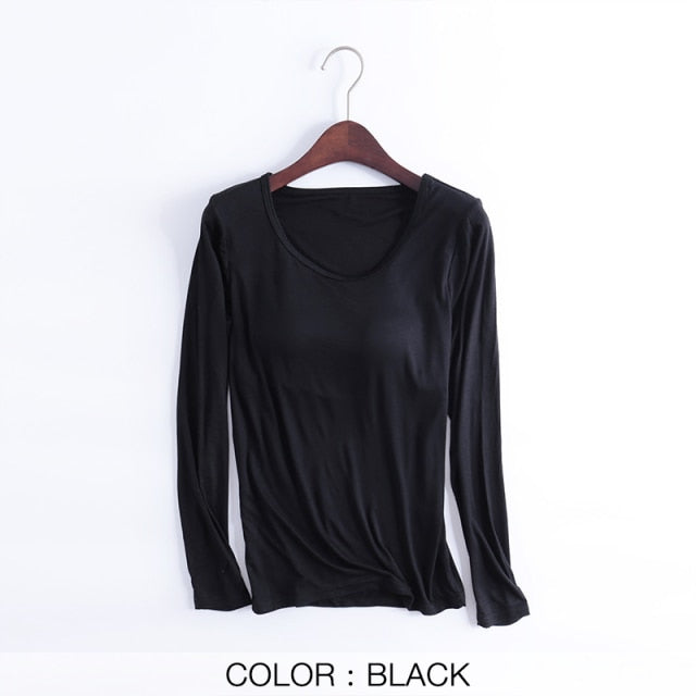 Women T-Shirts Buili-in Bra Padded Stretchable Modal Tops Tshirts Long Sleeve Plain Sexy Casual Spring Autumn