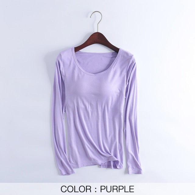 Women T-Shirts Buili-in Bra Padded Stretchable Modal Tops Tshirts Long Sleeve Plain Sexy Casual Spring Autumn