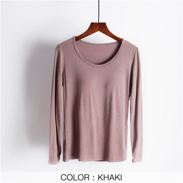 Women T-Shirts Buili-in Bra Padded Stretchable Modal Tops Tshirts Long Sleeve Plain Sexy Casual Spring Autumn