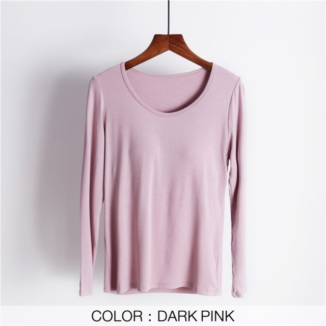 Women T-Shirts Buili-in Bra Padded Stretchable Modal Tops Tshirts Long Sleeve Plain Sexy Casual Spring Autumn