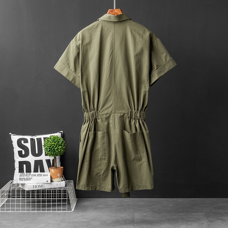 Summer Men's Short-Sleeved Jumpsuit Lapel Multi-Pocket Hip-Hop Men's Overalls Joggers Men's Shorts Green Black Shorts