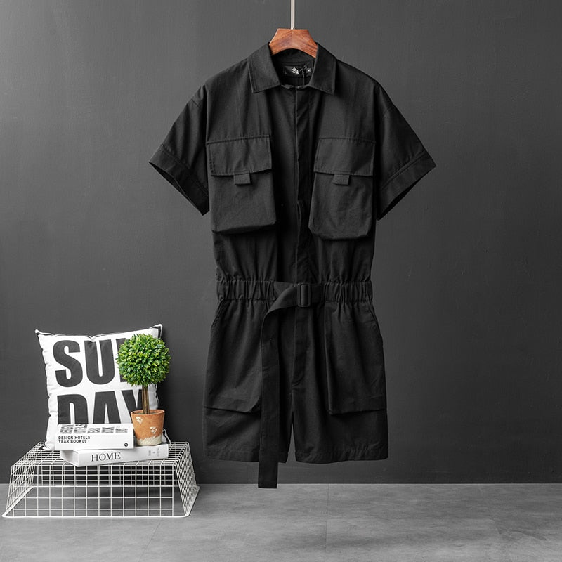 Summer Men's Short-Sleeved Jumpsuit Lapel Multi-Pocket Hip-Hop Men's Overalls Joggers Men's Shorts Green Black Shorts