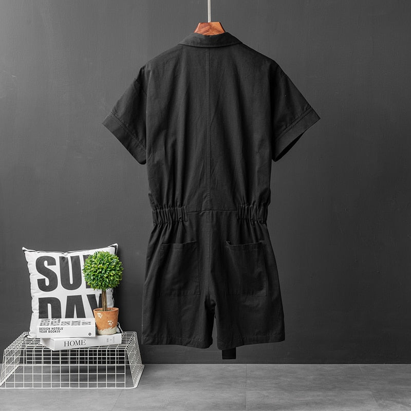 Summer Men's Short-Sleeved Jumpsuit Lapel Multi-Pocket Hip-Hop Men's Overalls Joggers Men's Shorts Green Black Shorts