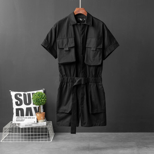 Summer Men's Short-Sleeved Jumpsuit Lapel Multi-Pocket Hip-Hop Men's Overalls Joggers Men's Shorts Green Black Shorts