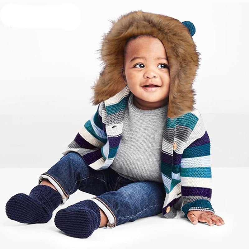 Manteau pour enfants, pull pour garçon et fille, rayé, à capuche en fourrure, tricoté chaud, Cardigans pour bébés de 0 à 3 ans