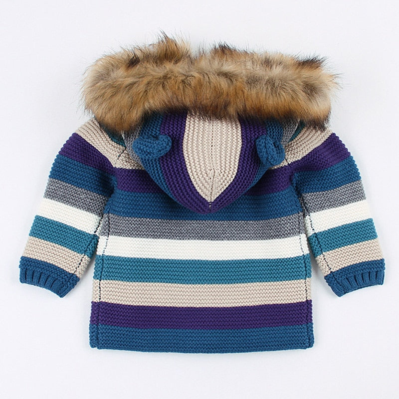 Manteau pour enfants, pull pour garçon et fille, rayé, à capuche en fourrure, tricoté chaud, Cardigans pour bébés de 0 à 3 ans